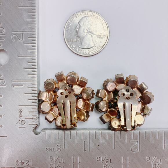 VTG Mid Century Earrings AB Rhinestone Cluster Clip On Gold Tone 1950s 60s - Picture 10 of 16